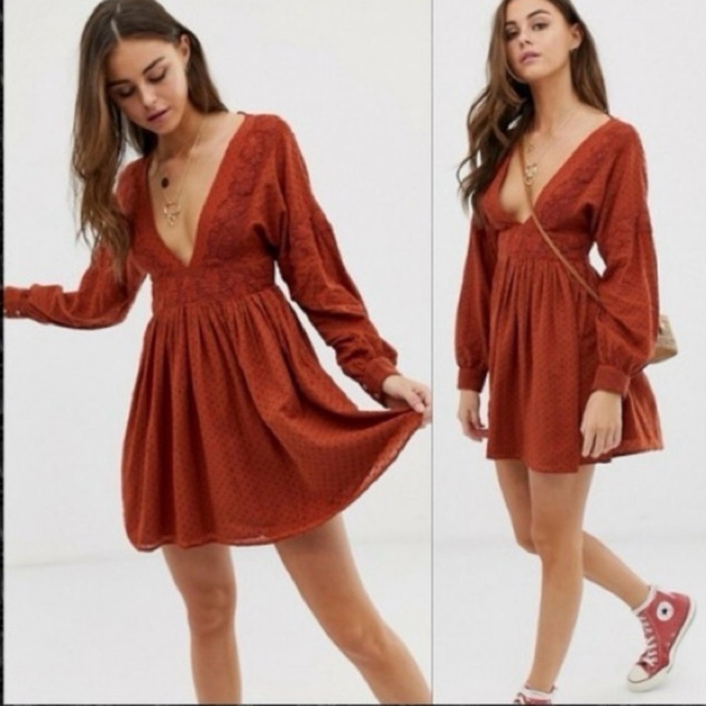 Free People Deep V-Neck Rust Dress size XS